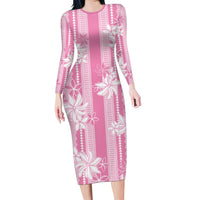 Hawaii Kakau Tribal Family Matching Long Sleeve Bodycon Dress and Hawaiian Shirt With Pink Tiare