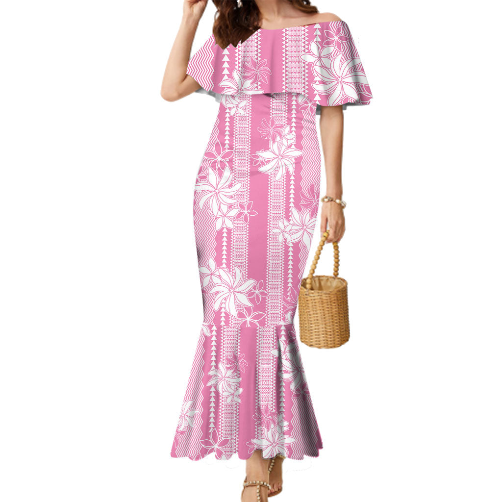Hawaii Kakau Tribal Family Matching Mermaid Dress and Hawaiian Shirt With Pink Tiare