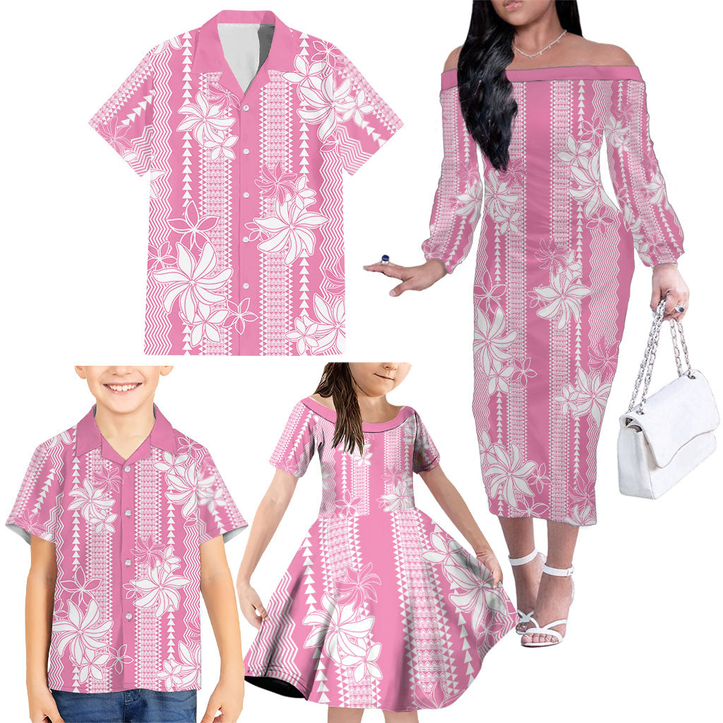 Hawaii Kakau Tribal Family Matching Off The Shoulder Long Sleeve Dress and Hawaiian Shirt With Pink Tiare