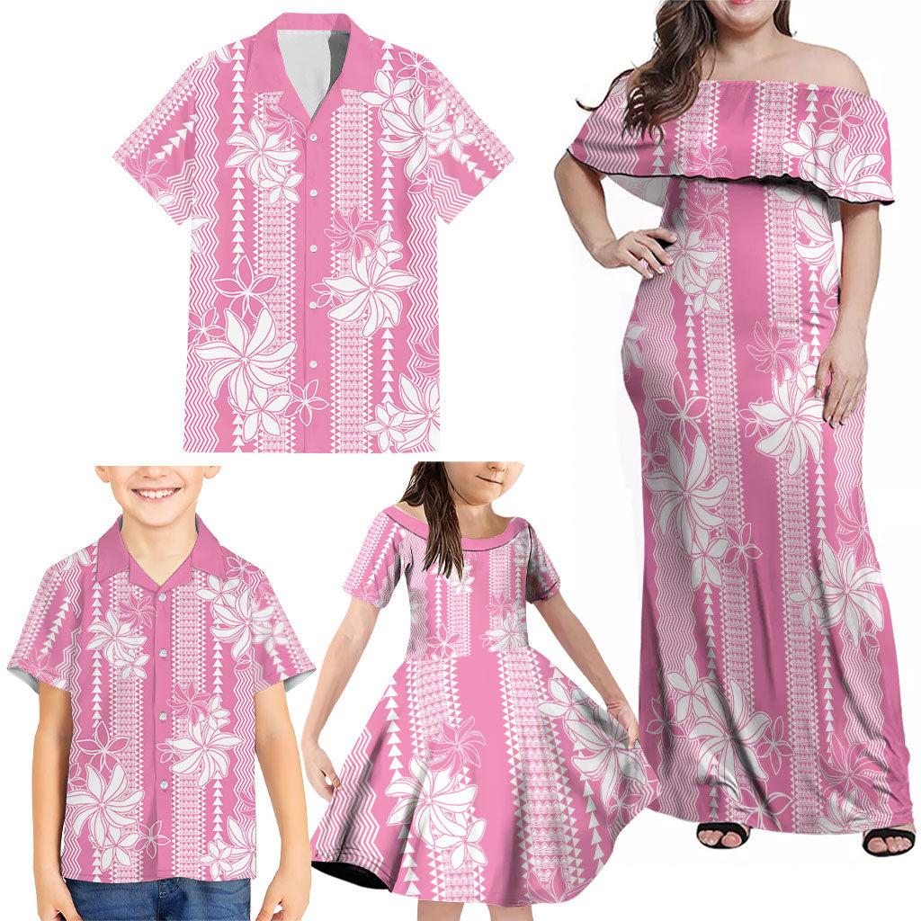 Hawaii Kakau Tribal Family Matching Off Shoulder Maxi Dress and Hawaiian Shirt With Pink Tiare