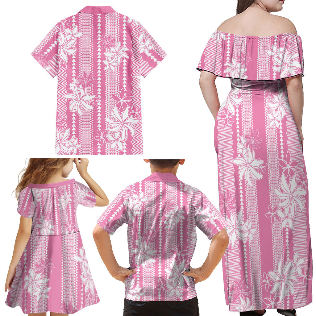 Hawaii Kakau Tribal Family Matching Off Shoulder Maxi Dress and Hawaiian Shirt With Pink Tiare