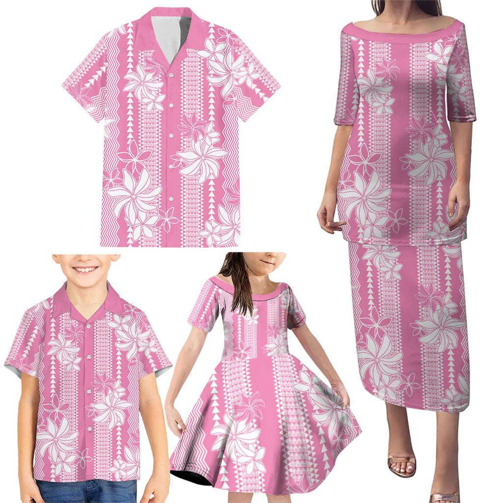 Hawaii Kakau Tribal Family Matching Puletasi and Hawaiian Shirt With Pink Tiare