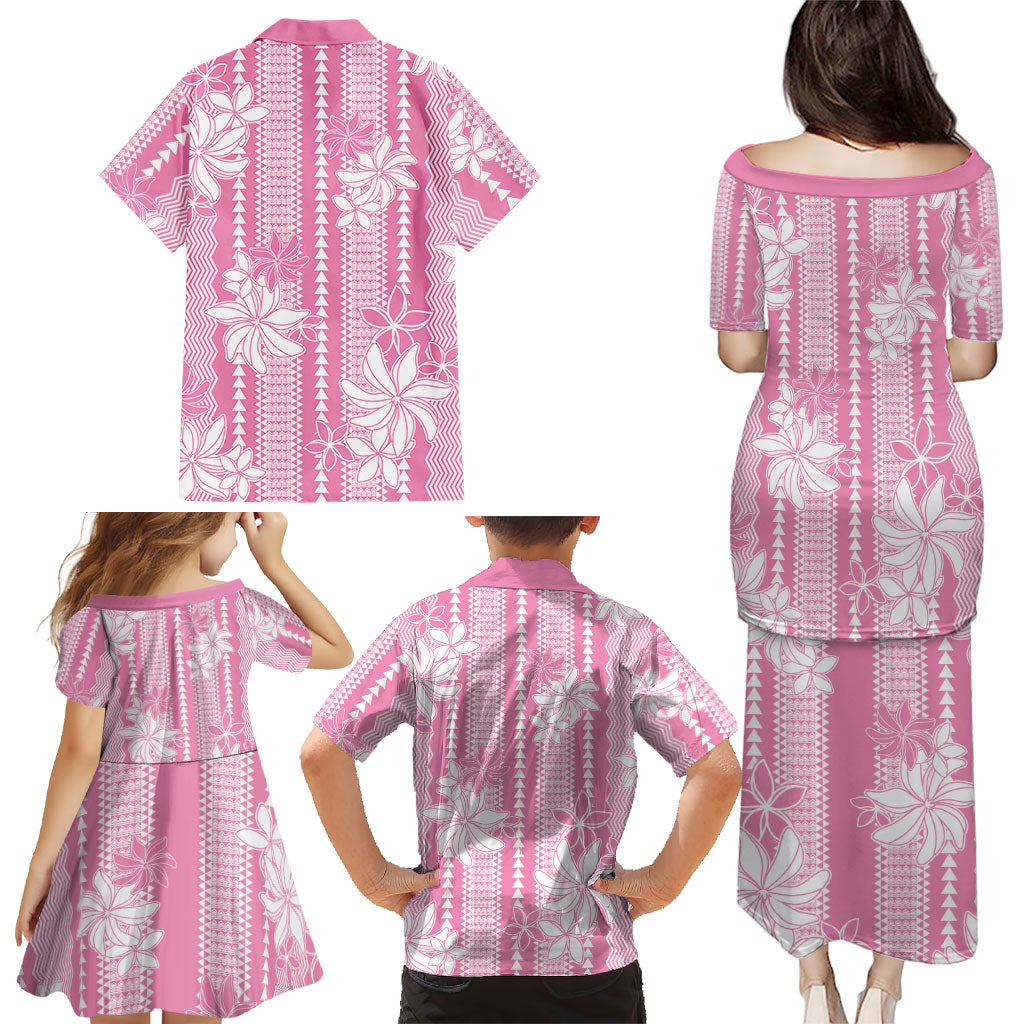 Hawaii Kakau Tribal Family Matching Puletasi and Hawaiian Shirt With Pink Tiare