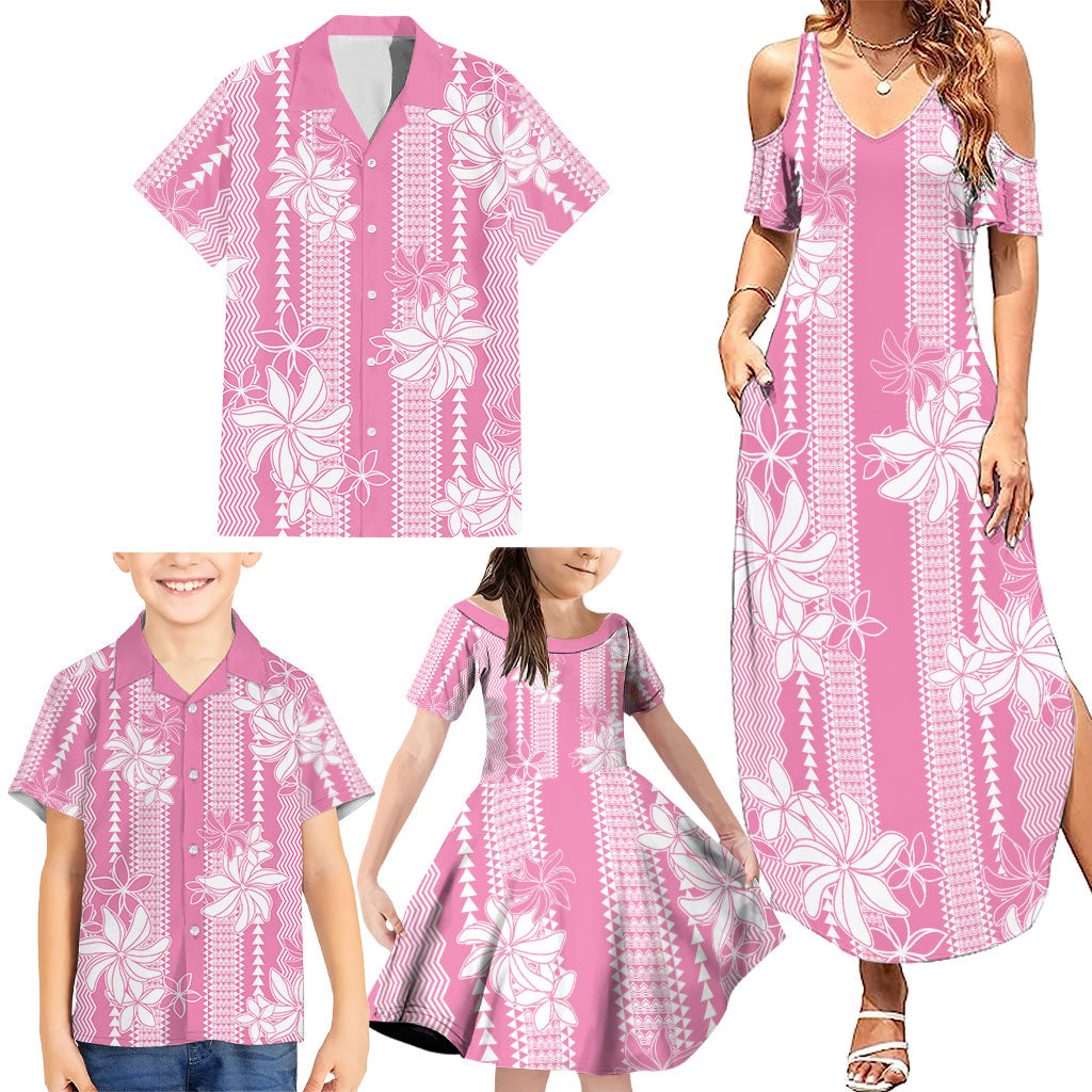 Hawaii Kakau Tribal Family Matching Summer Maxi Dress and Hawaiian Shirt With Pink Tiare