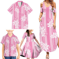 Hawaii Kakau Tribal Family Matching Summer Maxi Dress and Hawaiian Shirt With Pink Tiare