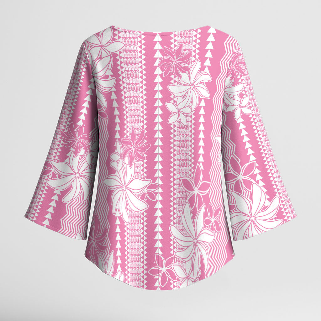 Hawaii Kakau Tribal Kimono Sleeve Blouse With Pink Tiare LT05 - Polynesian Pride