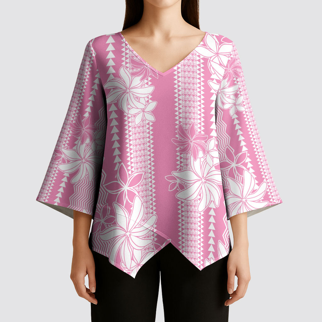 Hawaii Kakau Tribal Kimono Sleeve Blouse With Pink Tiare LT05 - Polynesian Pride