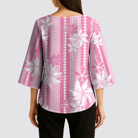 Hawaii Kakau Tribal Kimono Sleeve Blouse With Pink Tiare LT05 - Polynesian Pride