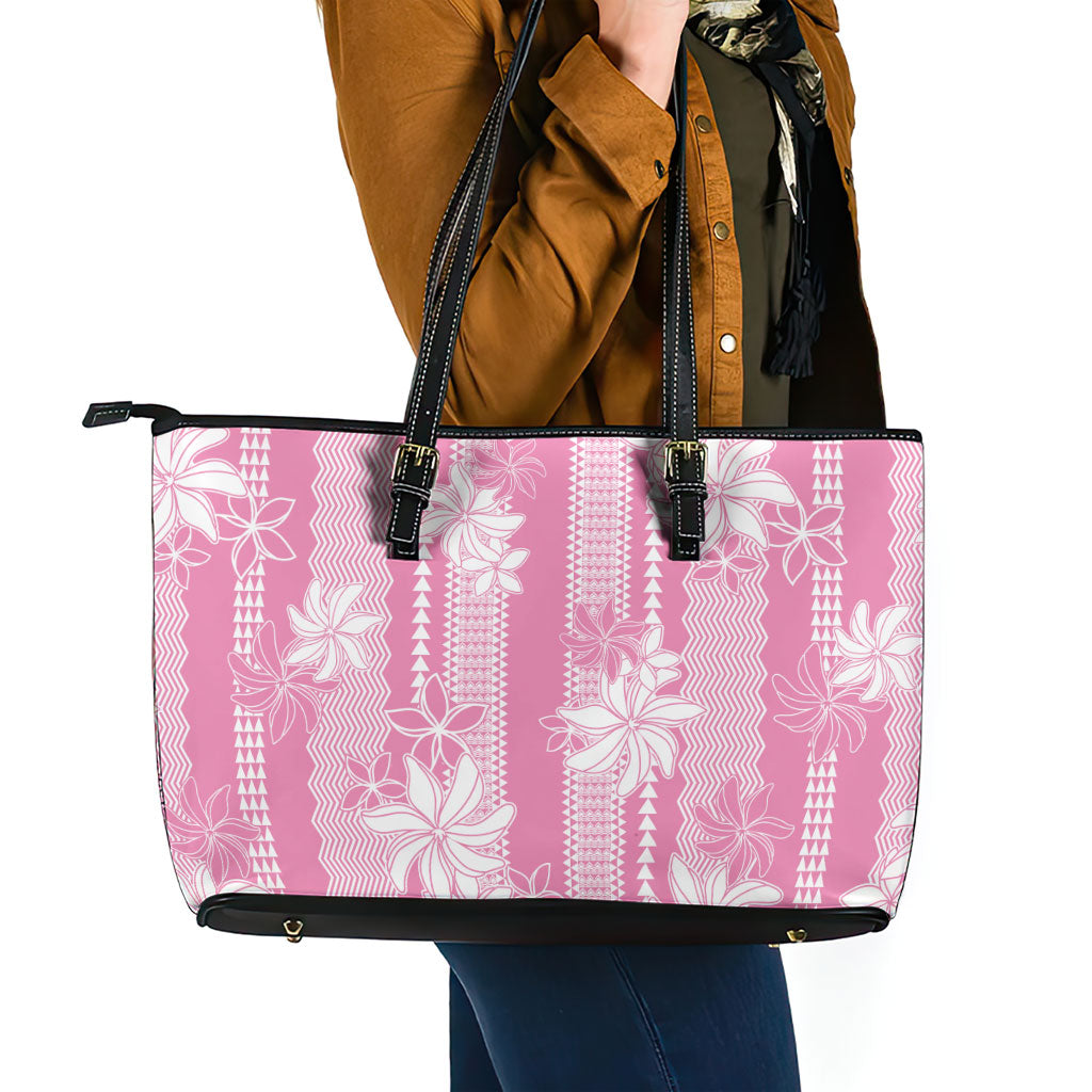 Hawaii Kakau Tribal Leather Tote Bag With Pink Tiare