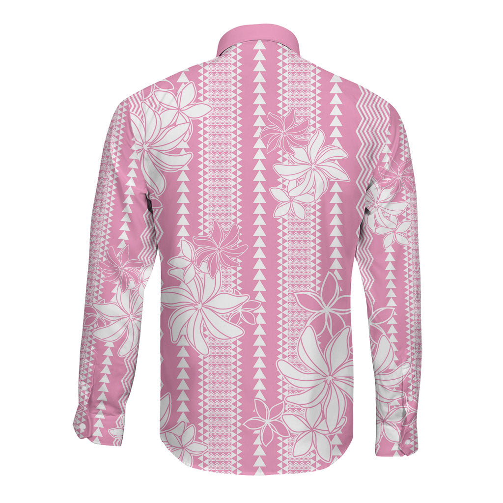 Hawaii Kakau Tribal Long Sleeve Button Shirt With Pink Tiare LT05 - Polynesian Pride