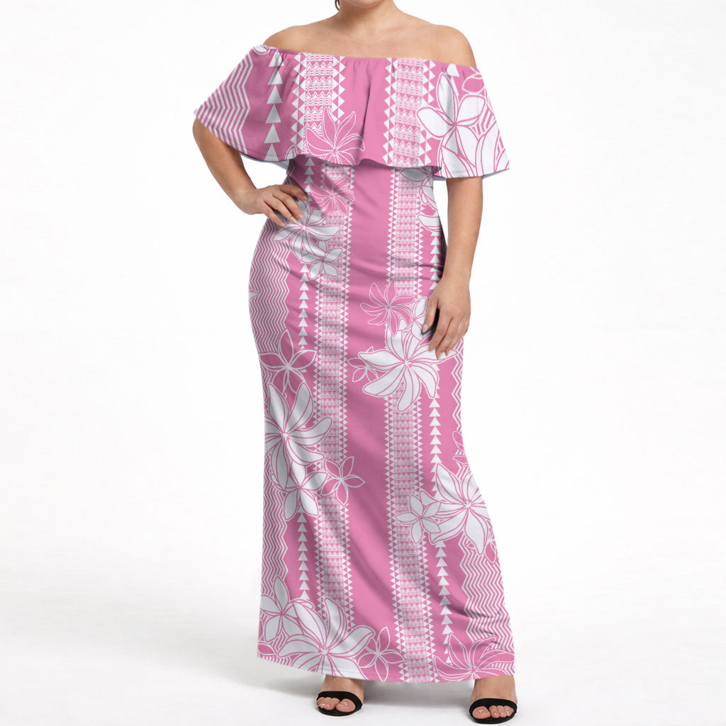 Hawaii Kakau Tribal Off Shoulder Maxi Dress With Pink Tiare LT05 Women Pink - Polynesian Pride