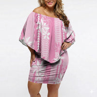 Hawaii Kakau Tribal Off Shoulder Short Dress With Pink Tiare LT05 Women Pink - Polynesian Pride