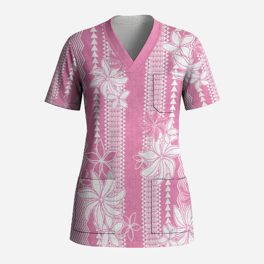 Hawaii Kakau Tribal Scrub Top With Pink Tiare
