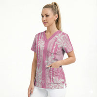 Hawaii Kakau Tribal Scrub Top With Pink Tiare