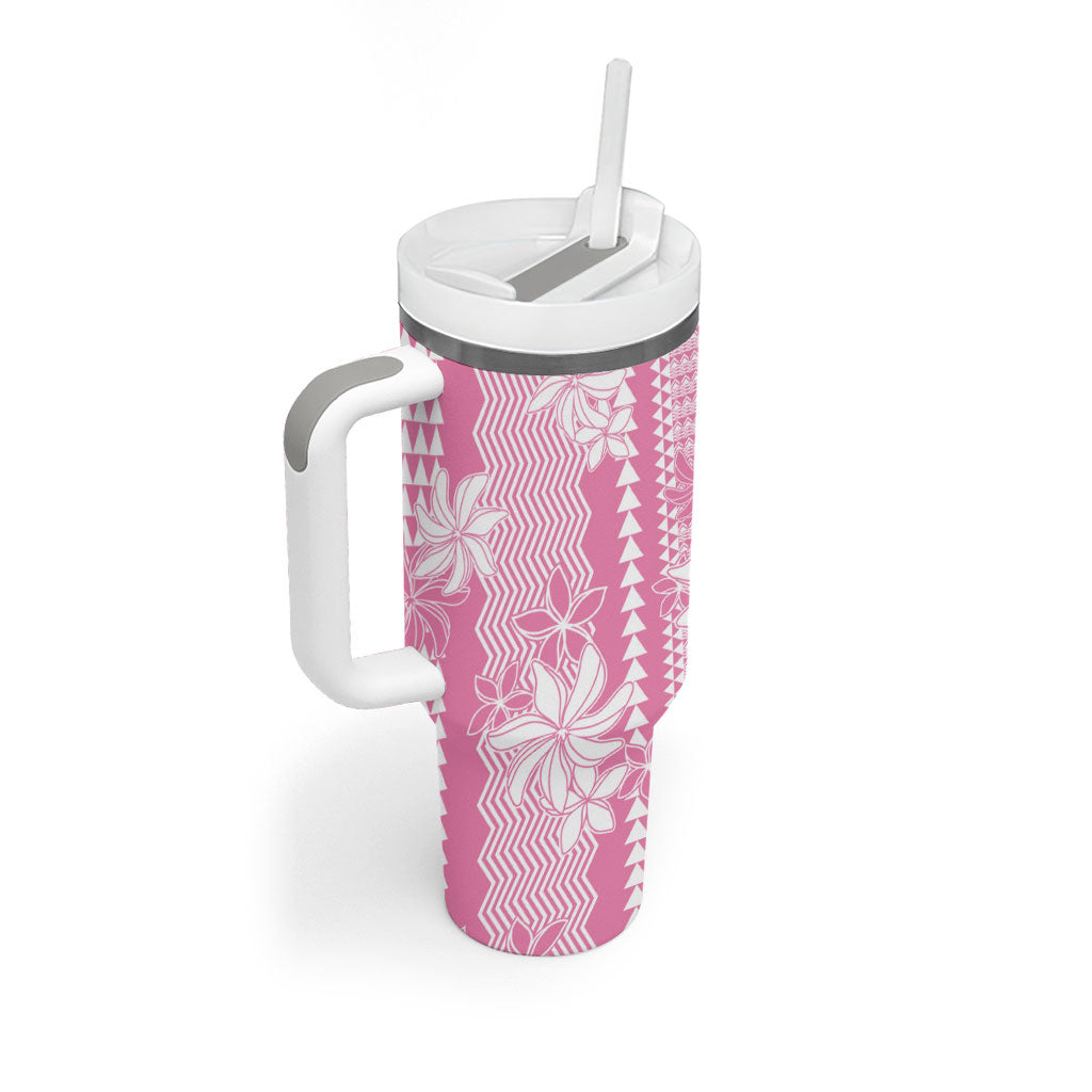 Hawaii Kakau Tribal Tumbler With Handle With Pink Tiare LT05 - Polynesian Pride