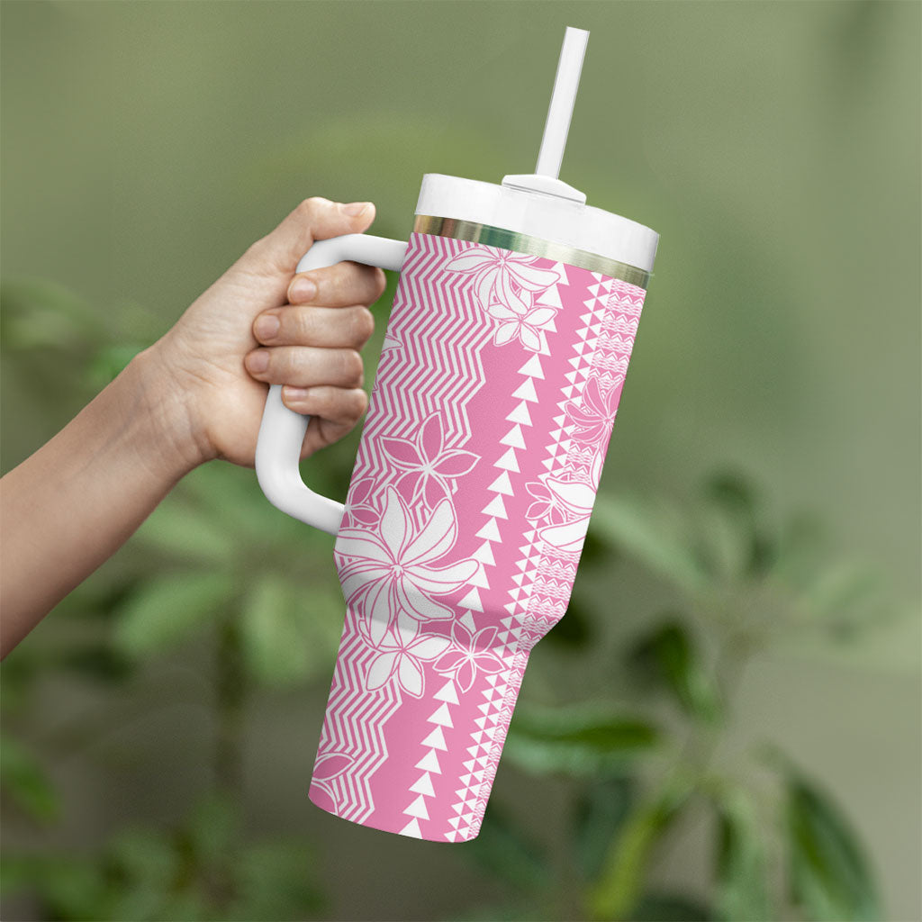 Hawaii Kakau Tribal Tumbler With Handle With Pink Tiare LT05 - Polynesian Pride