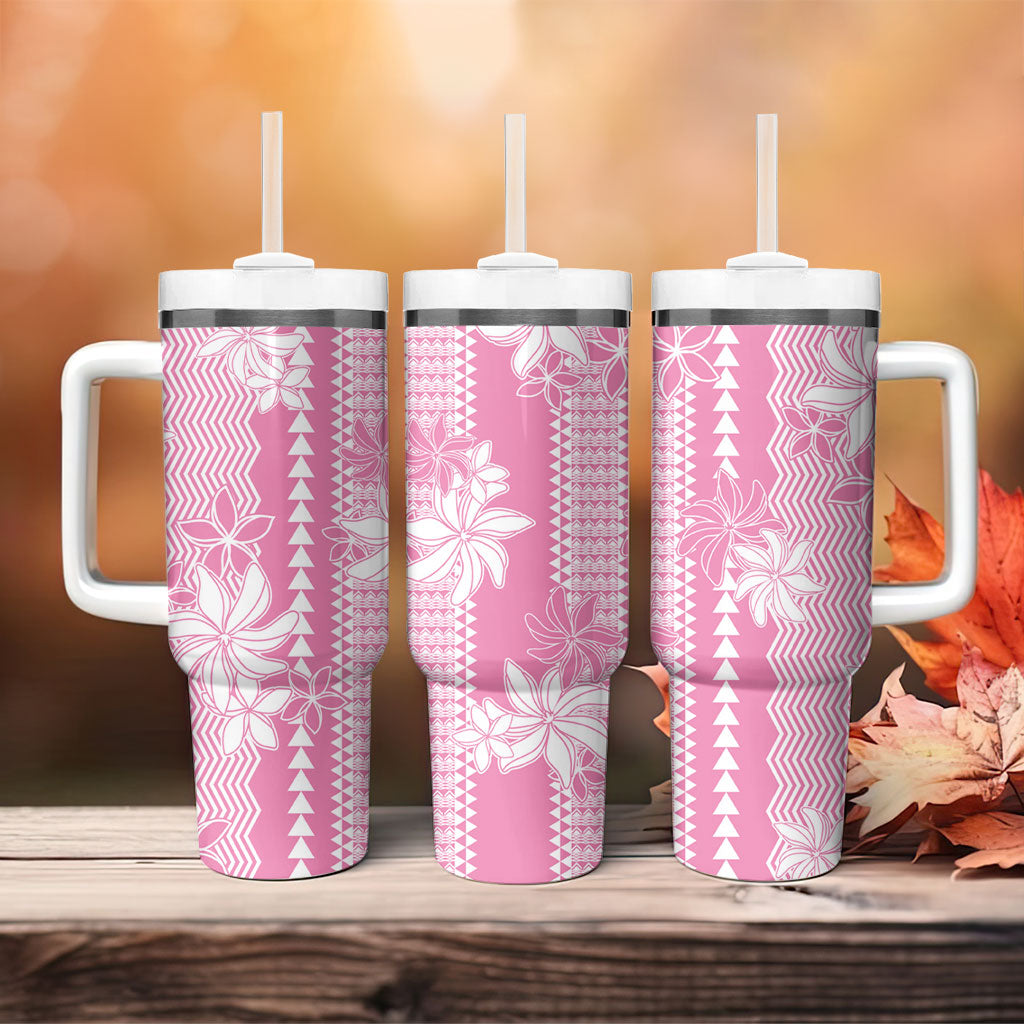Hawaii Kakau Tribal Tumbler With Handle With Pink Tiare LT05 - Polynesian Pride