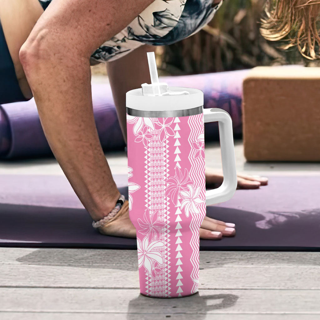 Hawaii Kakau Tribal Tumbler With Handle With Pink Tiare LT05 - Polynesian Pride