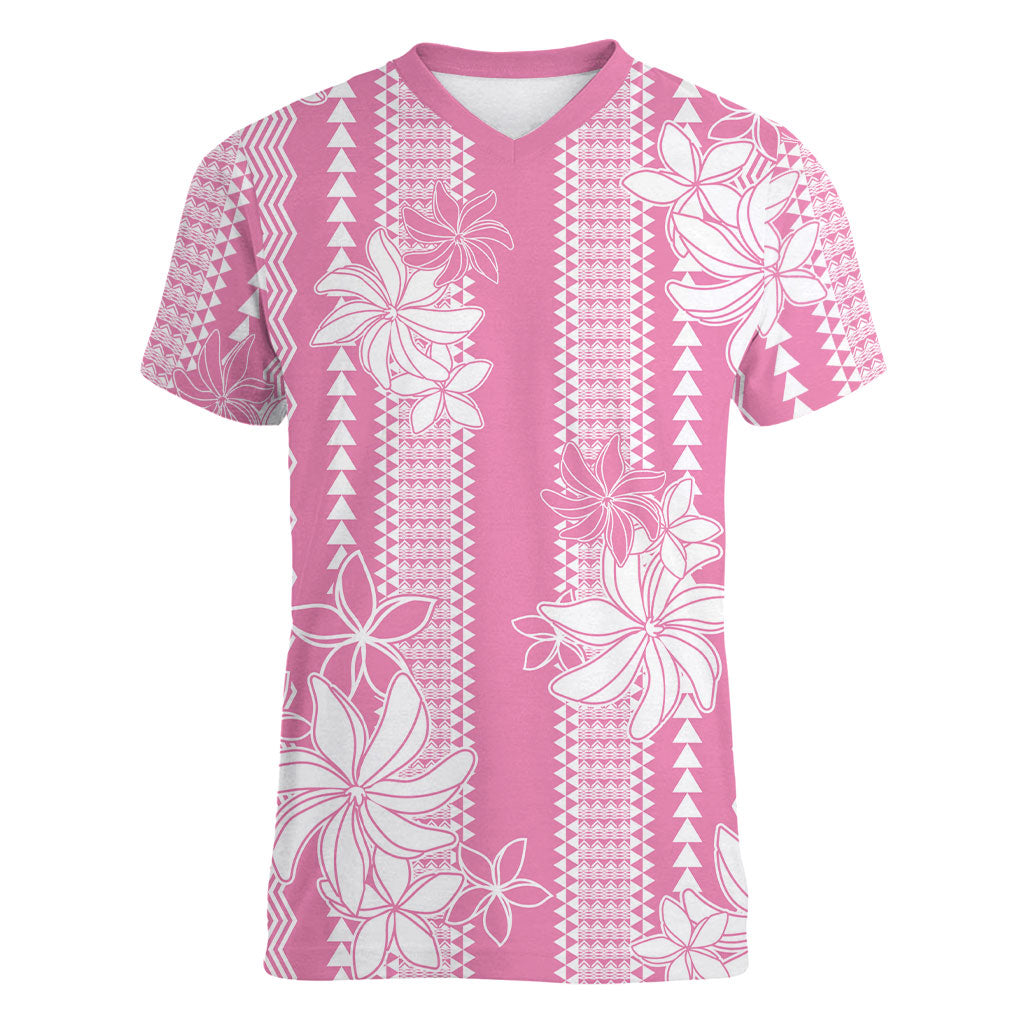 Hawaii Kakau Tribal Women V-Neck T-Shirt With Pink Tiare LT05 Female Pink - Polynesian Pride