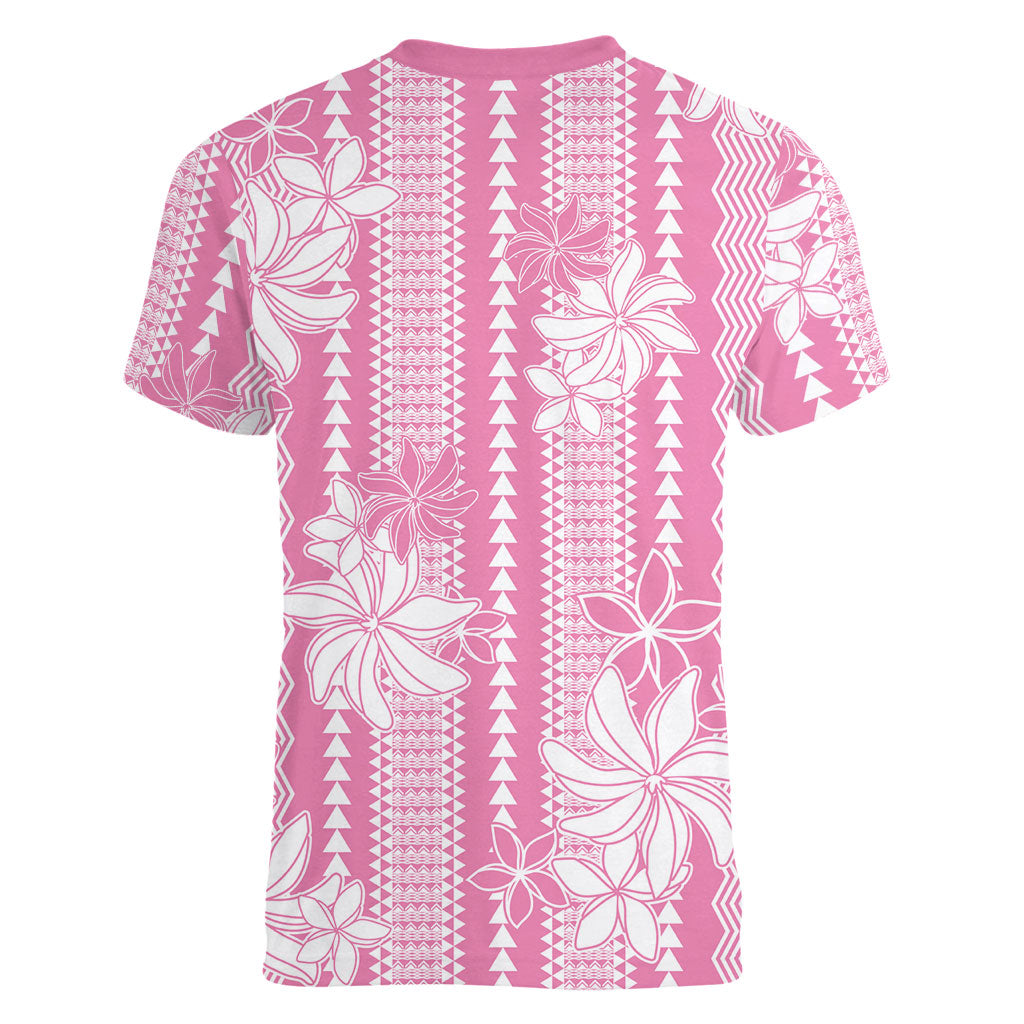 Hawaii Kakau Tribal Women V-Neck T-Shirt With Pink Tiare LT05 - Polynesian Pride