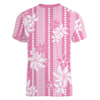 Hawaii Kakau Tribal Women V-Neck T-Shirt With Pink Tiare LT05 - Polynesian Pride