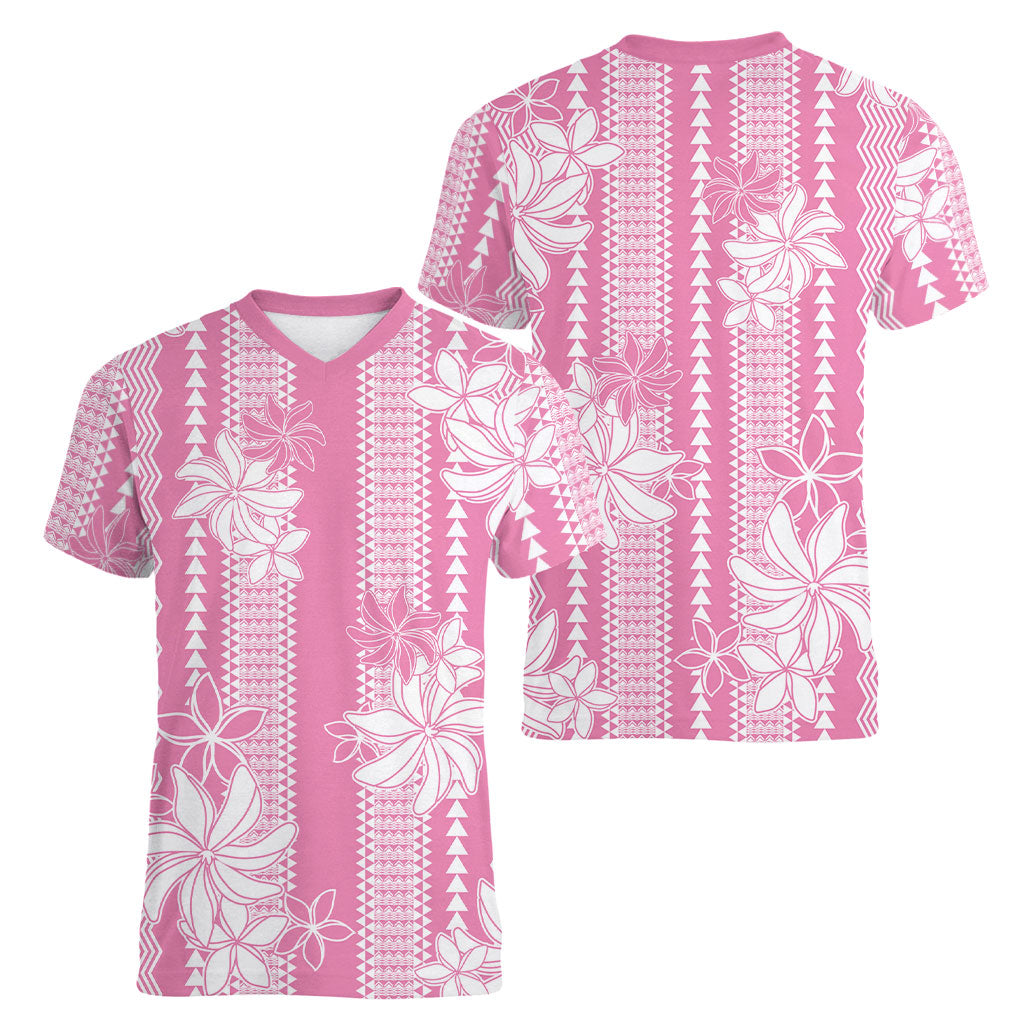 Hawaii Kakau Tribal Women V-Neck T-Shirt With Pink Tiare LT05 - Polynesian Pride