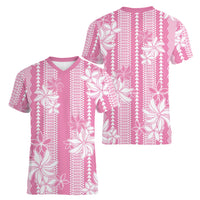 Hawaii Kakau Tribal Women V-Neck T-Shirt With Pink Tiare LT05 - Polynesian Pride