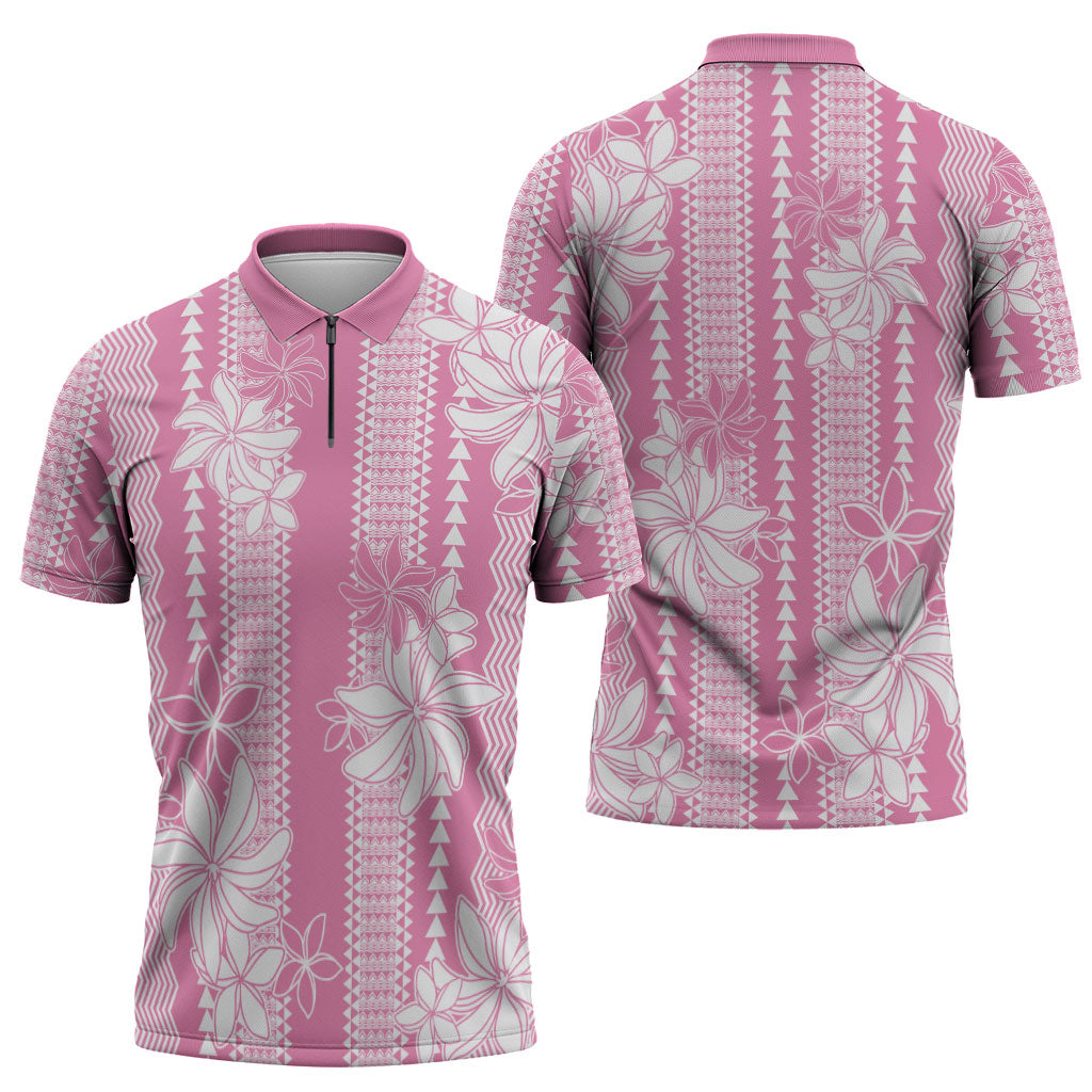 Hawaii Kakau Tribal Zipper Polo Shirt With Pink Tiare