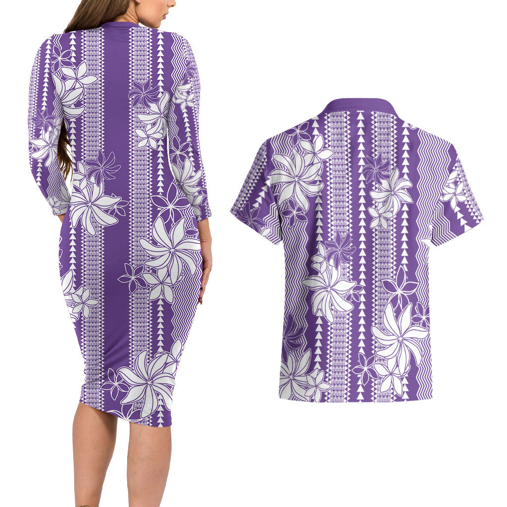 Hawaii Kakau Tribal Couples Matching Long Sleeve Bodycon Dress and Hawaiian Shirt With Purple Tiare
