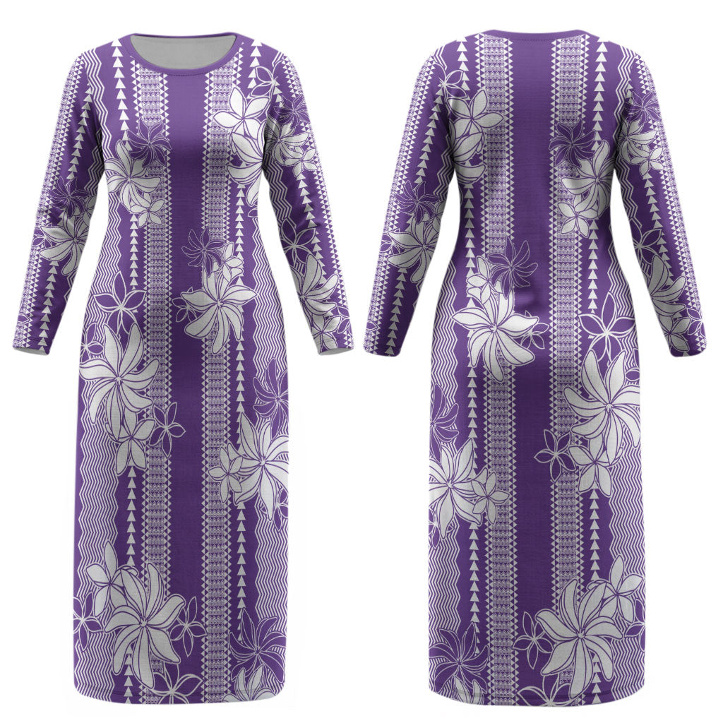 Hawaii Kakau Tribal Couples Matching Long Sleeve Bodycon Dress and Hawaiian Shirt With Purple Tiare LT05 - Polynesian Pride