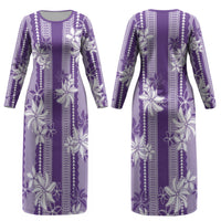 Hawaii Kakau Tribal Couples Matching Long Sleeve Bodycon Dress and Hawaiian Shirt With Purple Tiare LT05 - Polynesian Pride