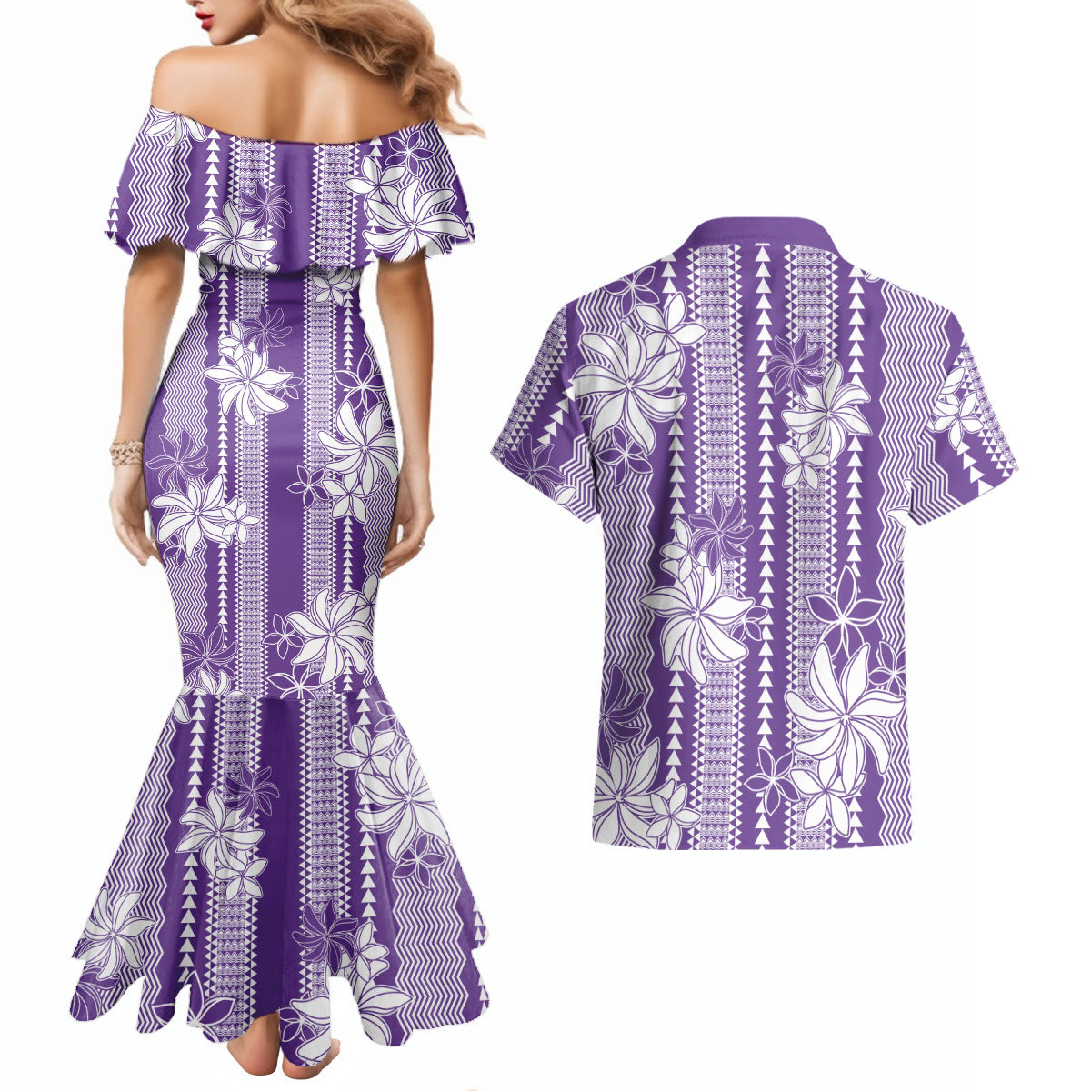 Hawaii Kakau Tribal Couples Matching Mermaid Dress and Hawaiian Shirt With Purple Tiare