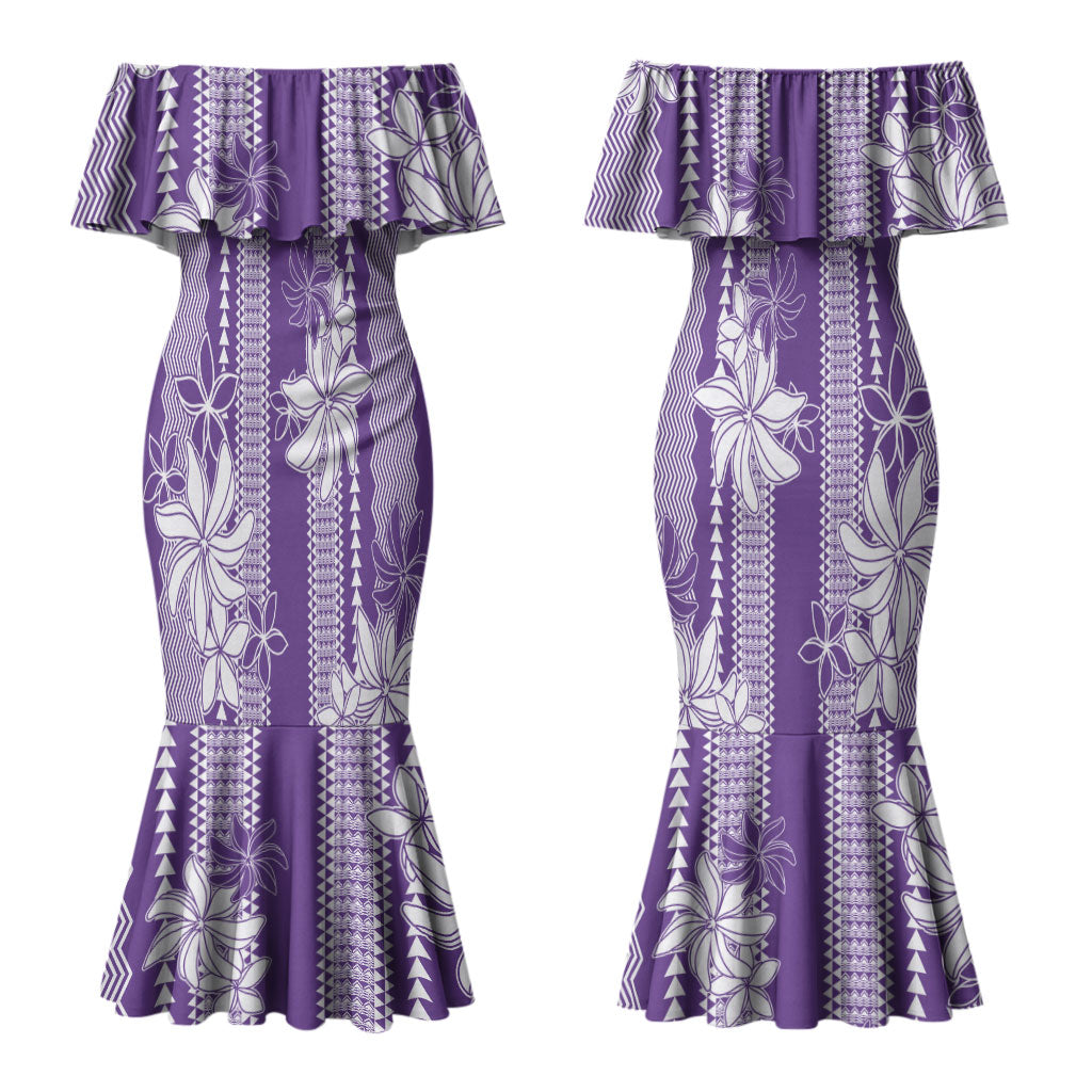 Hawaii Kakau Tribal Couples Matching Mermaid Dress and Hawaiian Shirt With Purple Tiare LT05 - Polynesian Pride