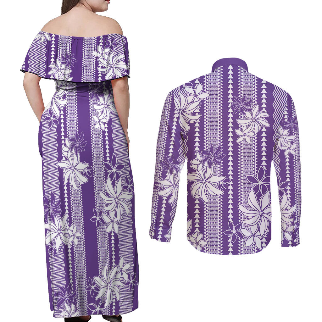 Hawaii Kakau Tribal Couples Matching Off Shoulder Maxi Dress and Long Sleeve Button Shirt With Purple Tiare
