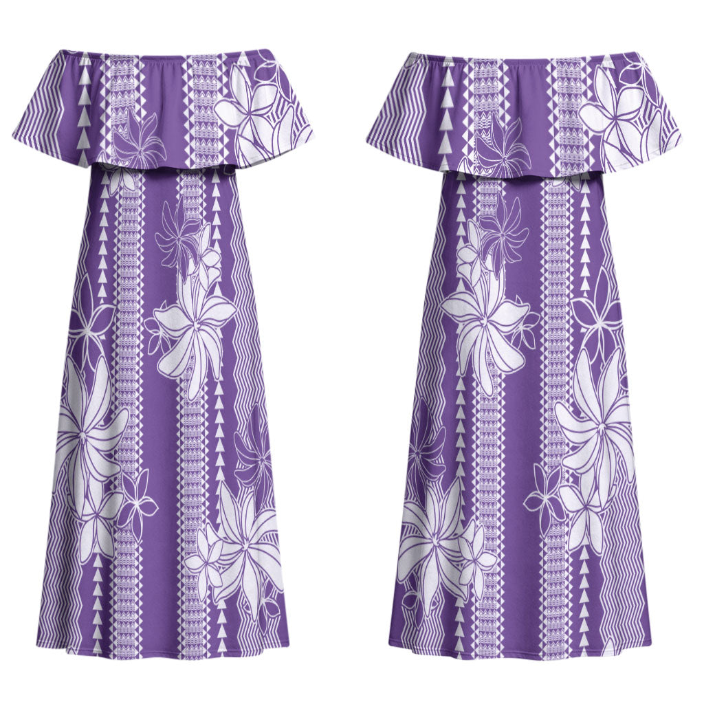 Hawaii Kakau Tribal Couples Matching Off Shoulder Maxi Dress and Long Sleeve Button Shirt With Purple Tiare LT05 - Polynesian Pride