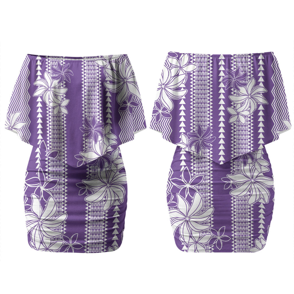 Hawaii Kakau Tribal Couples Matching Off Shoulder Short Dress and Long Sleeve Button Shirt With Purple Tiare LT05 - Polynesian Pride