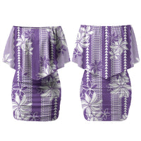 Hawaii Kakau Tribal Couples Matching Off Shoulder Short Dress and Long Sleeve Button Shirt With Purple Tiare LT05 - Polynesian Pride