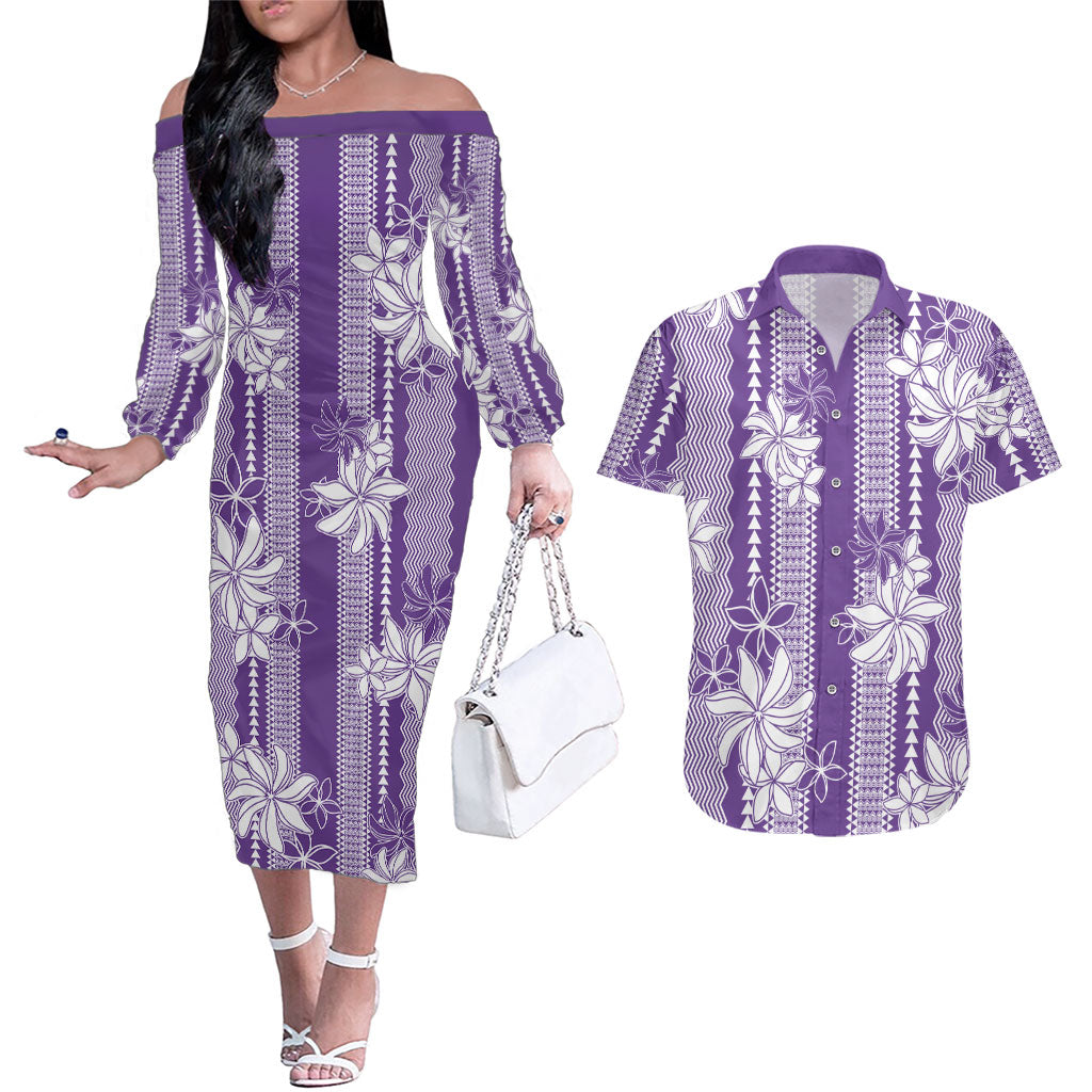 Hawaii Kakau Tribal Couples Matching Off The Shoulder Long Sleeve Dress and Hawaiian Shirt With Purple Tiare