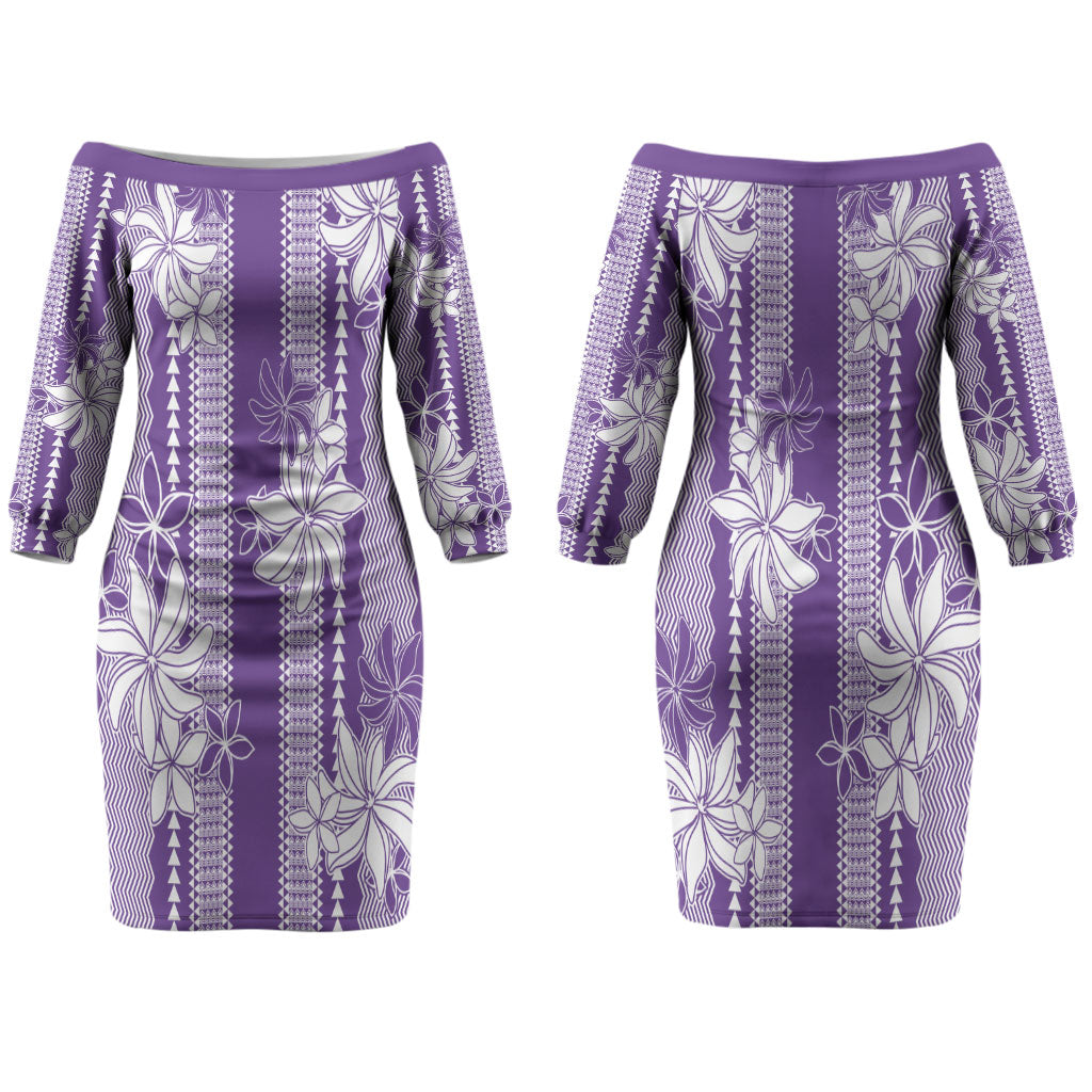 Hawaii Kakau Tribal Couples Matching Off The Shoulder Long Sleeve Dress and Long Sleeve Button Shirt With Purple Tiare LT05 - Polynesian Pride