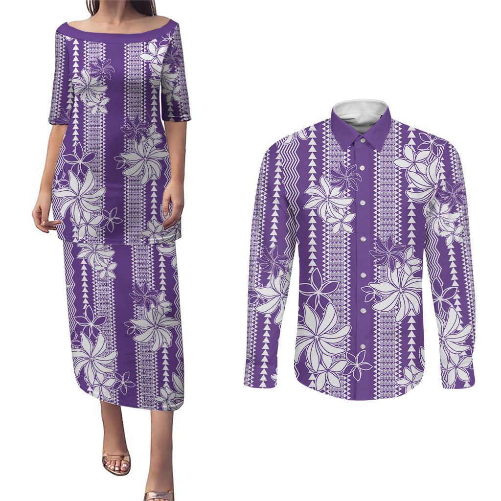 Hawaii Kakau Tribal Couples Matching Puletasi and Long Sleeve Button Shirt With Purple Tiare