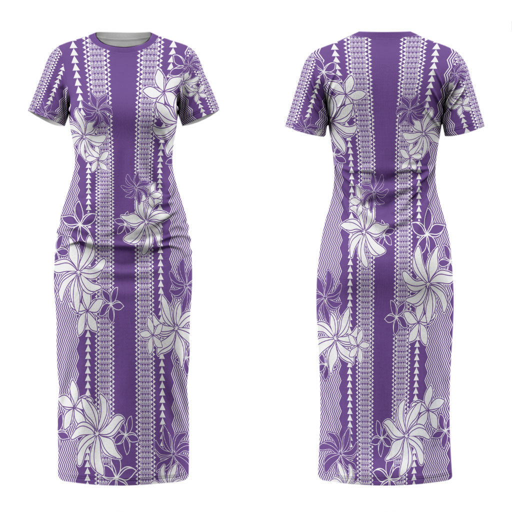 Hawaii Kakau Tribal Couples Matching Short Sleeve Bodycon Dress and Hawaiian Shirt With Purple Tiare LT05 - Polynesian Pride