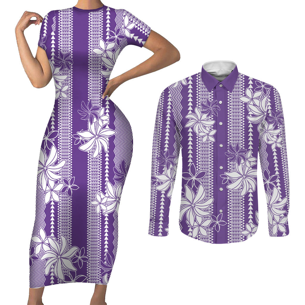 Hawaii Kakau Tribal Couples Matching Short Sleeve Bodycon Dress and Long Sleeve Button Shirt With Purple Tiare