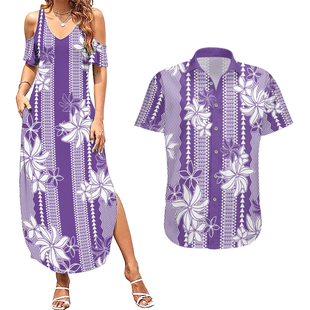Hawaii Kakau Tribal Couples Matching Summer Maxi Dress and Hawaiian Shirt With Purple Tiare