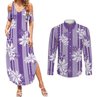 Hawaii Kakau Tribal Couples Matching Summer Maxi Dress and Long Sleeve Button Shirt With Purple Tiare