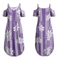 Hawaii Kakau Tribal Couples Matching Summer Maxi Dress and Long Sleeve Button Shirt With Purple Tiare LT05 - Polynesian Pride
