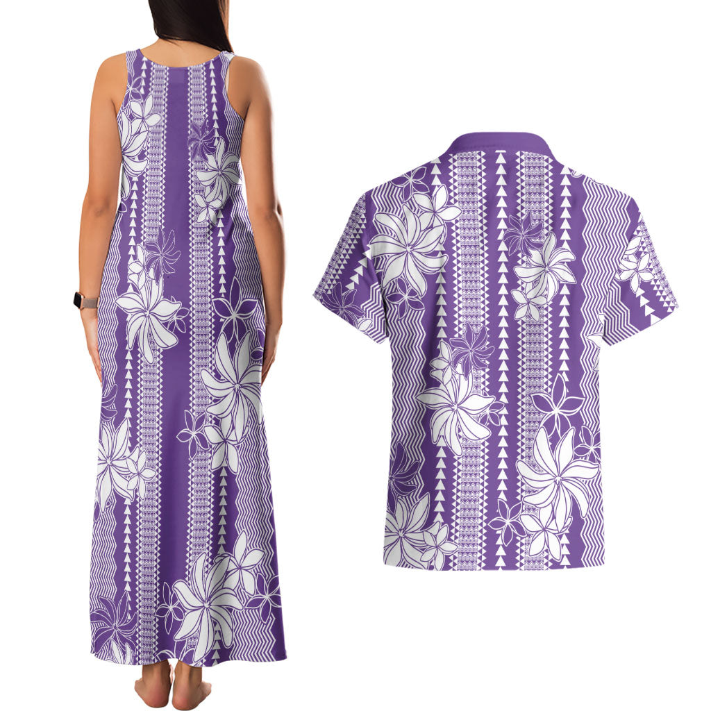 Hawaii Kakau Tribal Couples Matching Tank Maxi Dress and Hawaiian Shirt With Purple Tiare