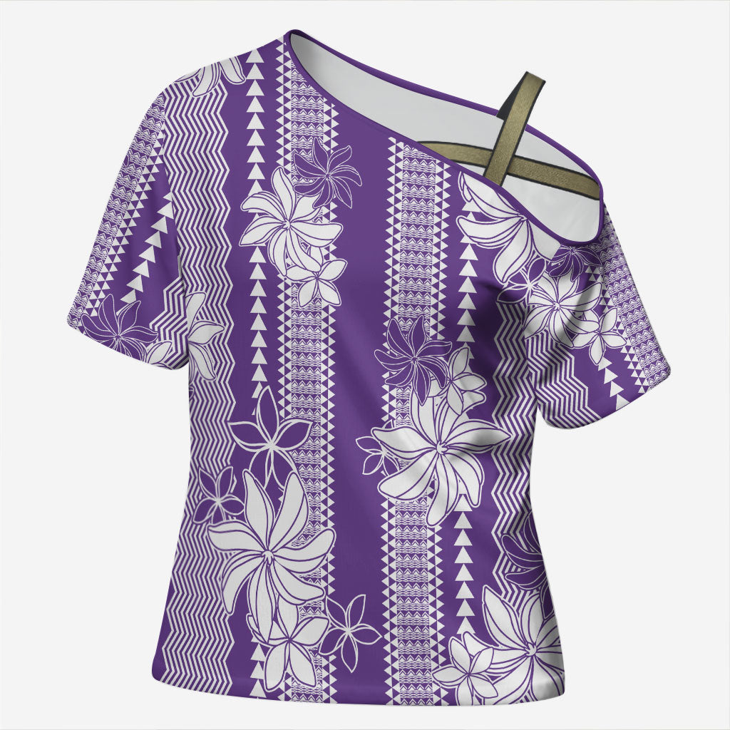 Hawaii Kakau Tribal Cross Shoulder Shirt With Purple Tiare LT05 Female Purple - Polynesian Pride