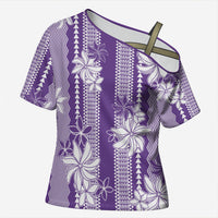 Hawaii Kakau Tribal Cross Shoulder Shirt With Purple Tiare LT05 Female Purple - Polynesian Pride