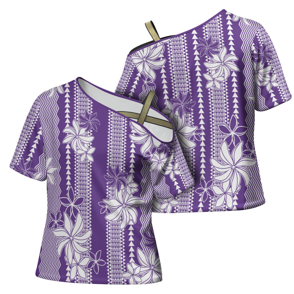 Hawaii Kakau Tribal Cross Shoulder Shirt With Purple Tiare LT05 - Polynesian Pride
