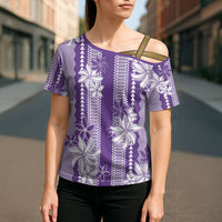 Hawaii Kakau Tribal Cross Shoulder Shirt With Purple Tiare LT05 - Polynesian Pride